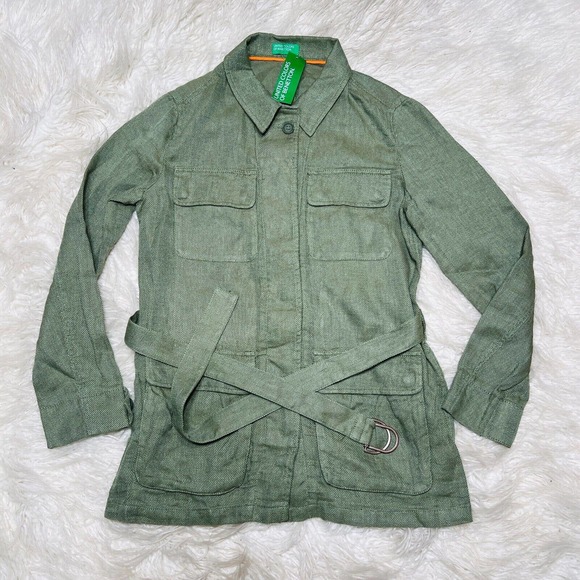 UNITED COLORS OF BENETTON BELTED GREEN CARGO JACKET LINEN - Picture 3 of 5